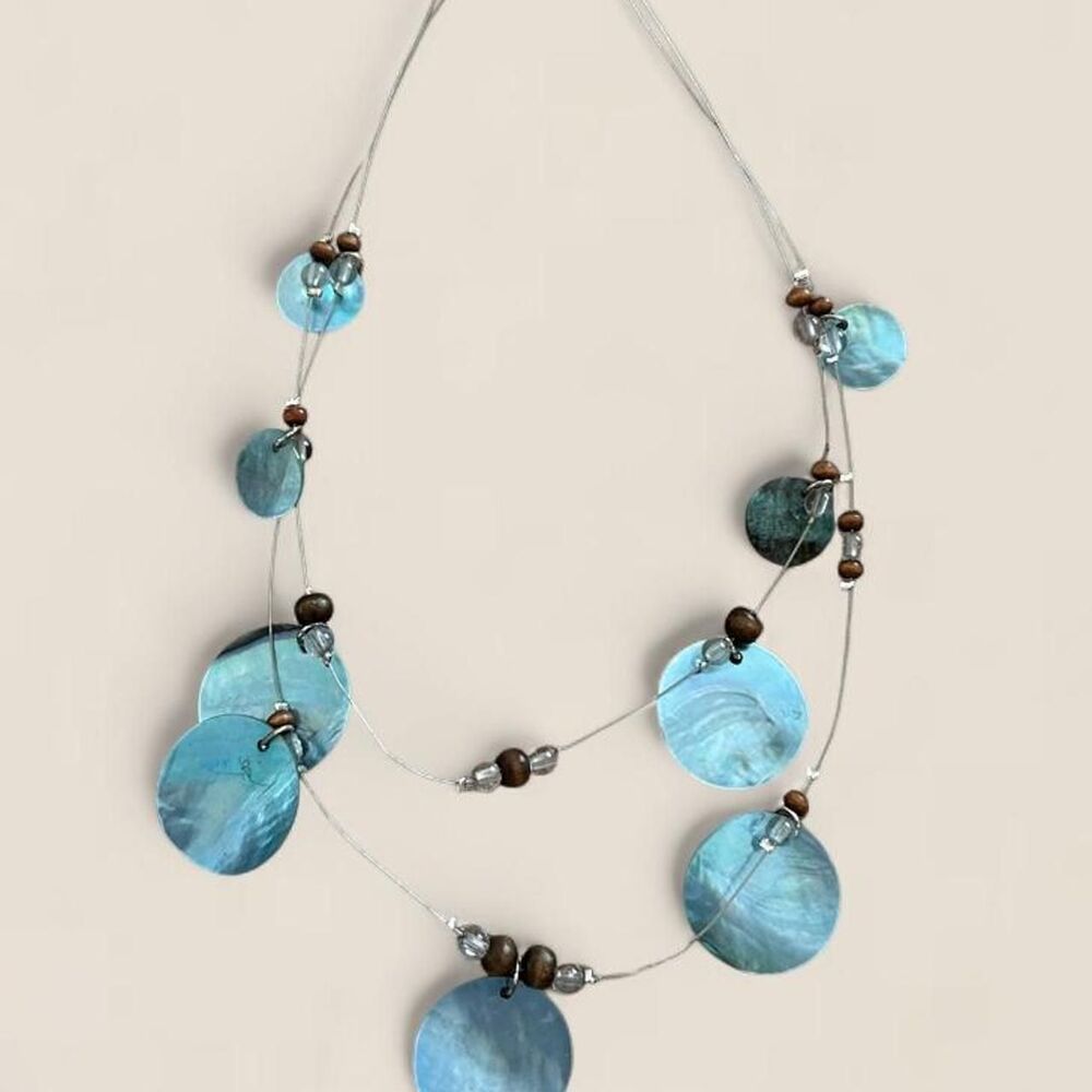 90s y2k Blue Abalone Shell disc Statement Necklace Coastal Boho Mermaid Circle